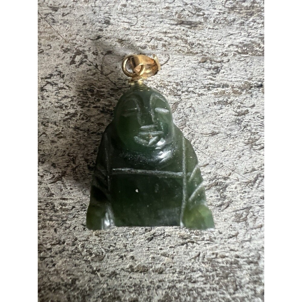 Vintage Asian Green Nephrite Jade Buddha Pendant Gols Filled Estate Jewelry
